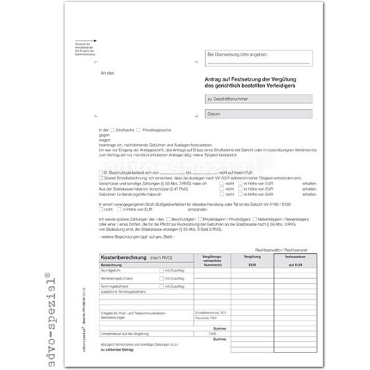 Formular zur Kostenerstattung in Strafsachen