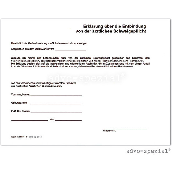 Entbindungsformular von der ärztlichen Schweigepflicht - 100 Stück - Weiß